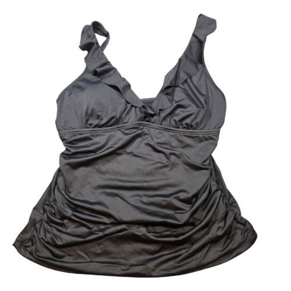 Womens 6 Black Ruffle V-Neck Tankini Top Ruched Slimming Swimsuit Top Adjustable